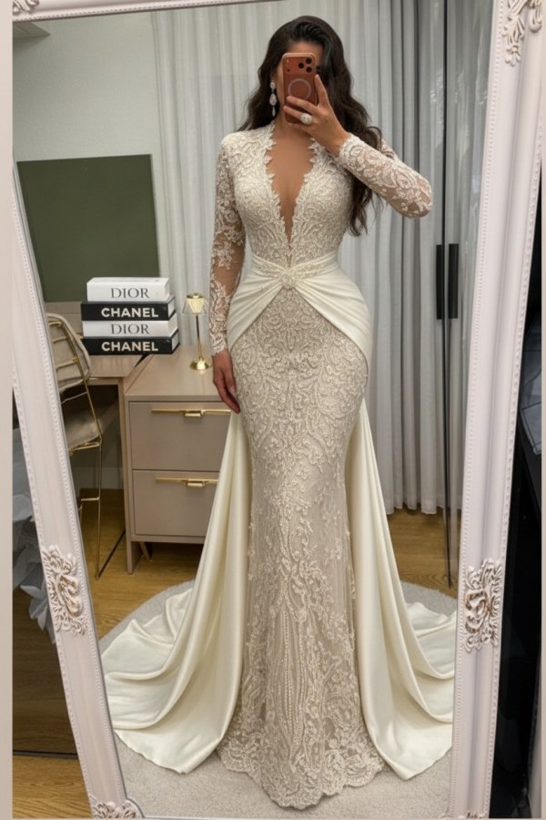 Wunderschöne Abendkleider Lang Spitze Abiballkleider mit Ärmel