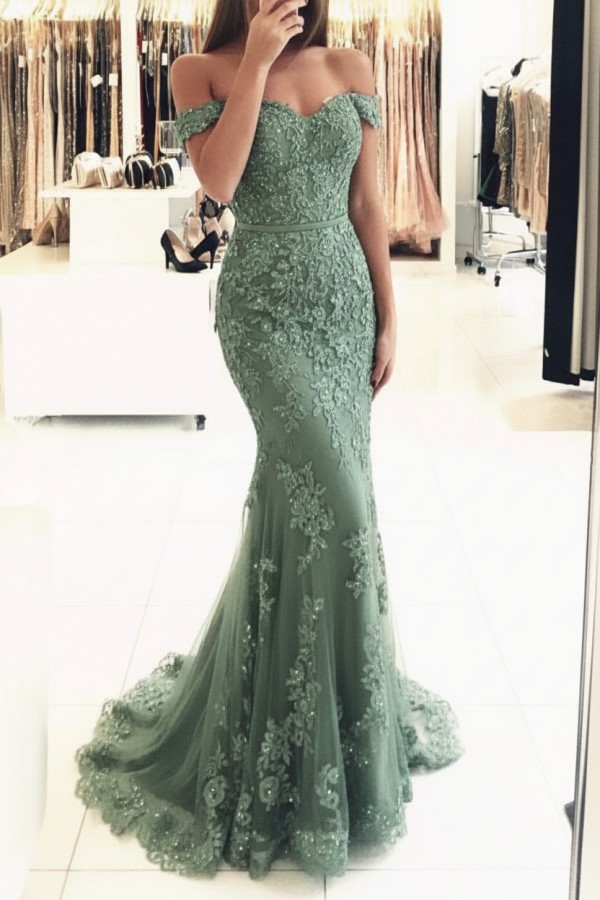 Rot Lange Abendkleider Spitze Perlen Schulterfrei Meerjungfrau Abibllkleider Partykleider BA3809