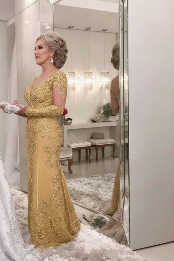 Golden Brautmutterkleider Spitze Mit Ärmel Günstig Abendkleider für Hochzeit Online