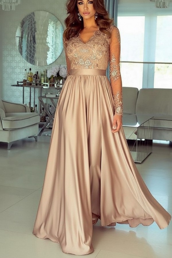 Champagne Abendkleider Lang Mit Ärmel Spitze Abendmoden Günstig_Abendkleider_Kleider für Besondere Anlässe_Brautkleider,Abiballkleider,Abendkleider | Babyonlinedress.de