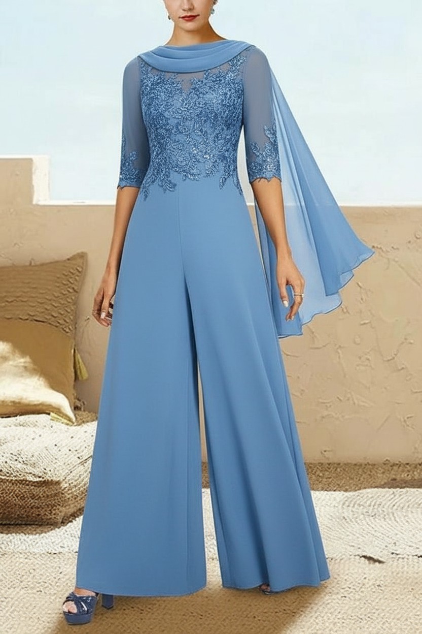 Navy Blau Jumpsuit Hosenanzüge Lang Chiffon Brautmutterkleider mit Ärmel