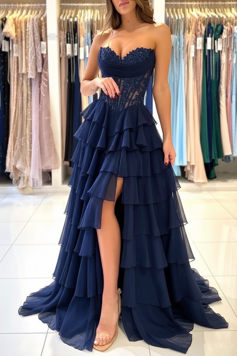 Elegante Abendkleider Lang Blau Ballkleider Mit Spitze