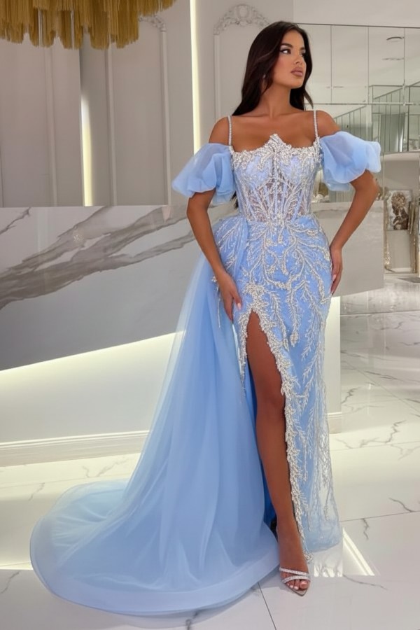 Himmel Blaue Abendkleider Lang Glitzer | Abiballkleider mit Spitze