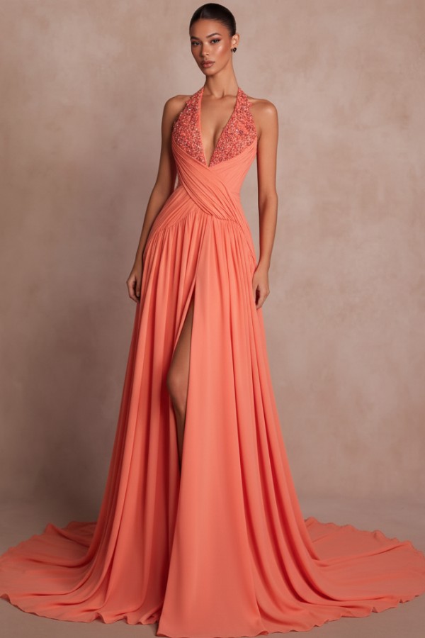 Schlichte Abendkleider Lang V Ausschnitt Chiffon Ballkleider mit Glitzer