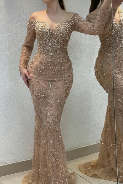Schöne Abendkleider Lang Gold | Spitze Abiballkleider mit Glitzer
