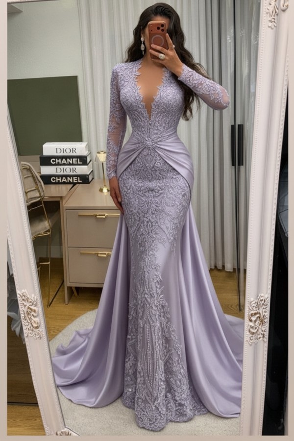 Wunderschöne Abendkleider Lang Spitze Abiballkleider mit Ärmel