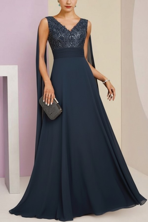 Brautmutterkleid Lang Blau Kleider für Brautmutter mit Ärmel