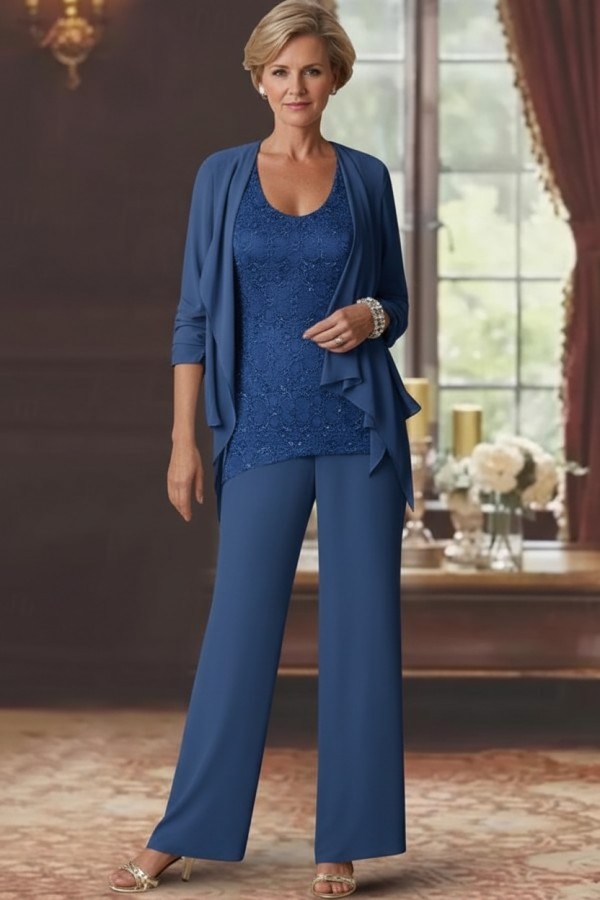 Silber Brautmutter Hosenanzug Chiffon Brautmutterkleider mit Spitze