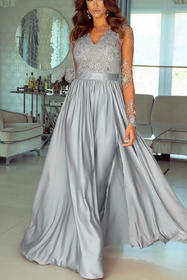 Champagne Abendkleider Lang Mit Ärmel Spitze Abendmoden Günstig