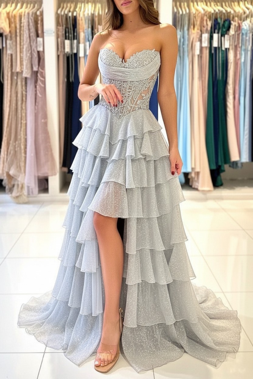 Elegante Abendkleider Lang Blau Ballkleider Mit Spitze