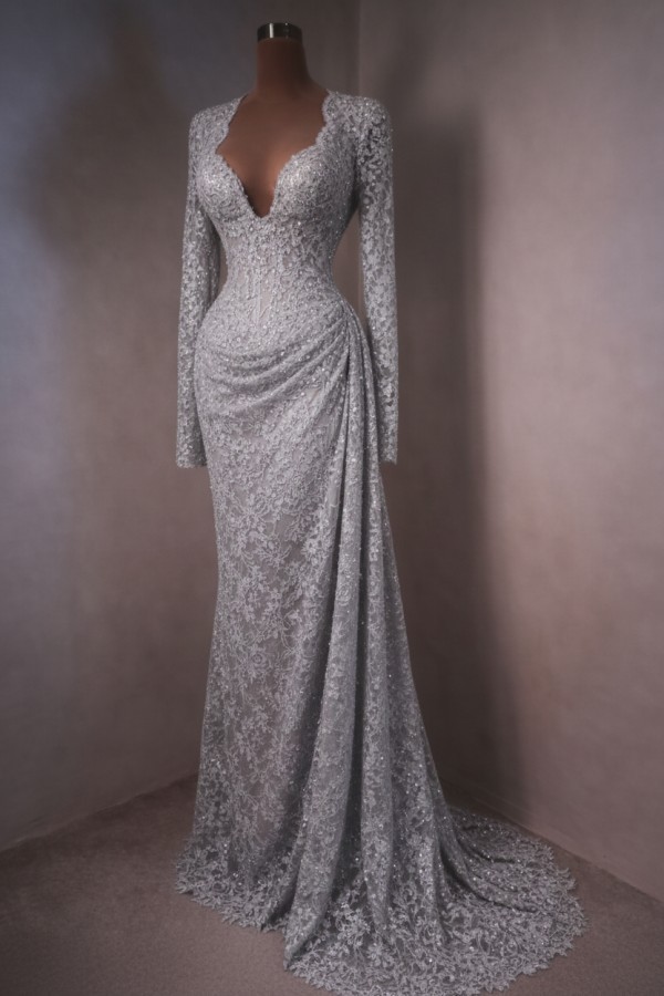 Himmel Blau Abendkleider Lang Spitze Abiballkleider mit Ärmel