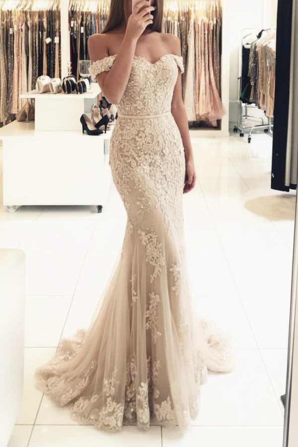 Rot Lange Abendkleider Spitze Perlen Schulterfrei Meerjungfrau Abibllkleider Partykleider BA3809