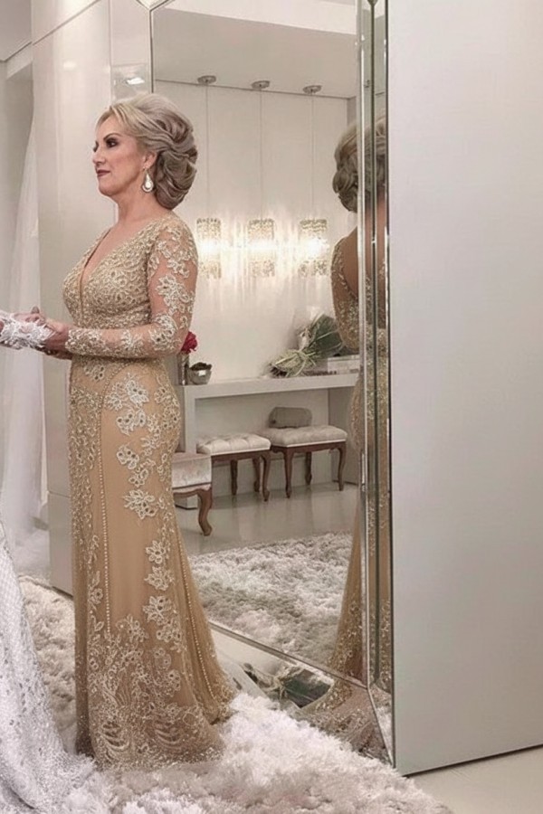 Golden Brautmutterkleider Spitze Mit Ärmel Günstig Abendkleider für Hochzeit Online