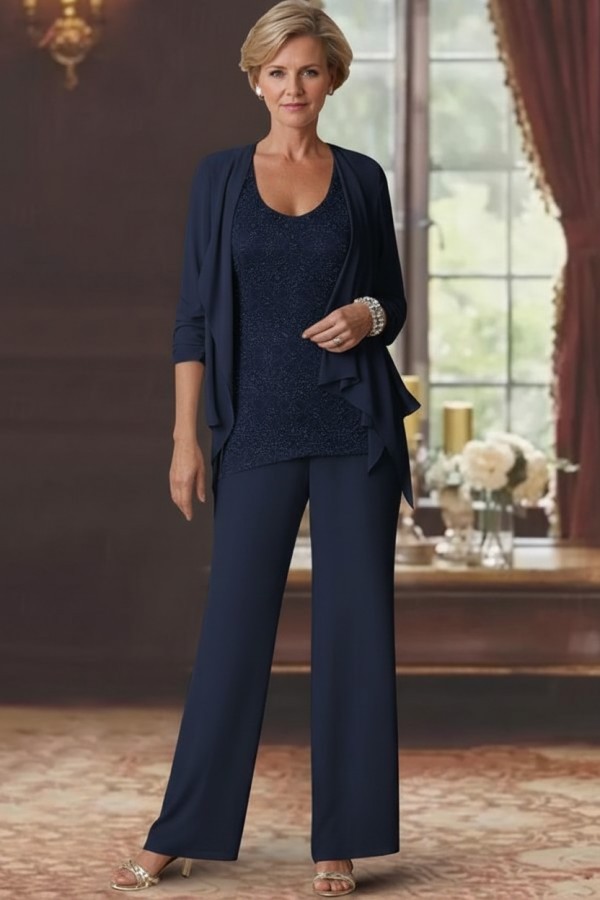 Silber Brautmutter Hosenanzug Chiffon Brautmutterkleider mit Spitze