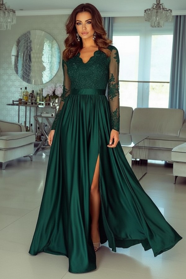 Champagne Abendkleider Lang Mit Ärmel Spitze Abendmoden Günstig