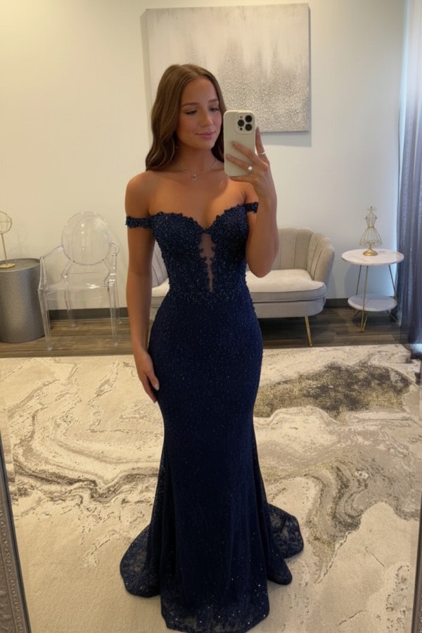 Navy Blaue Abendkleider Lang Spitze Ballkleider mit Glitzer