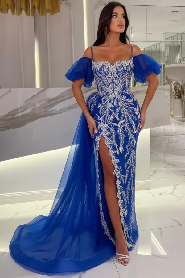 Himmel Blaue Abendkleider Lang Glitzer | Abiballkleider mit Spitze