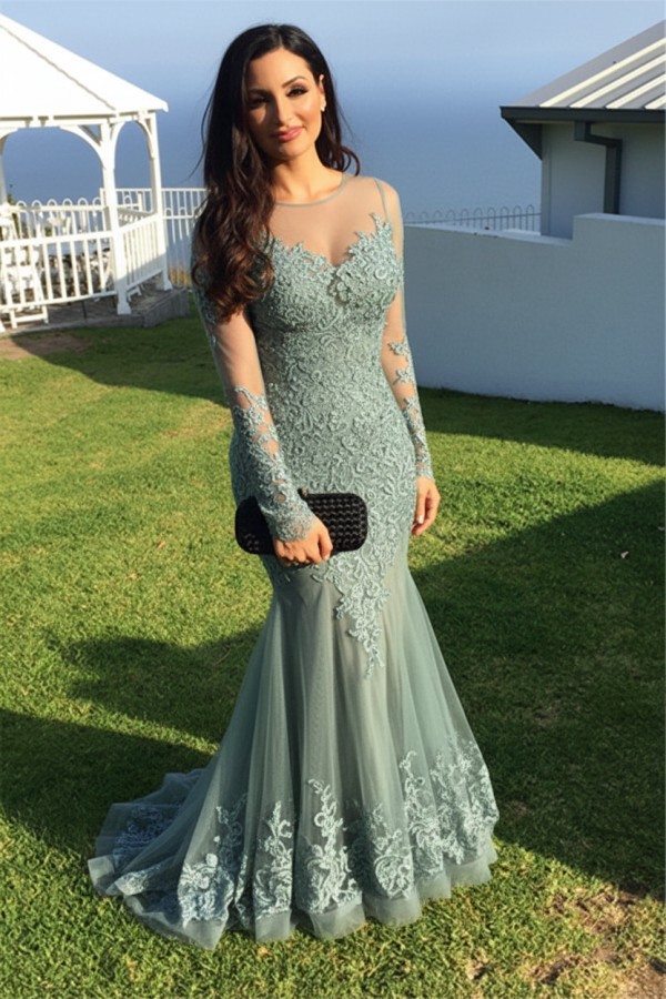 Schwarz Abendkleider Lang Ärmel Spitze Meerjungfrau Abendmoden Partykleider