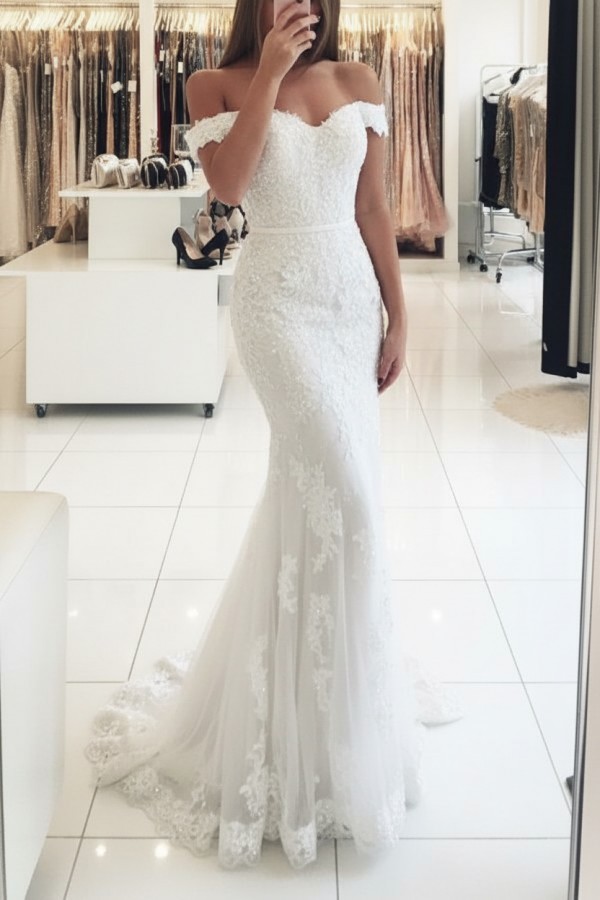 Rot Lange Abendkleider Spitze Perlen Schulterfrei Meerjungfrau Abibllkleider Partykleider BA3809