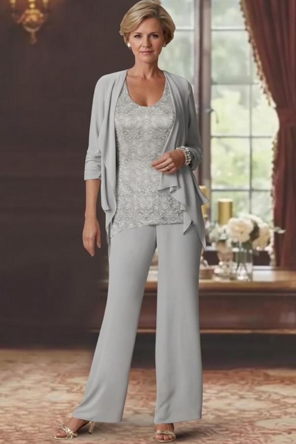 Silber Brautmutter Hosenanzug Chiffon Brautmutterkleider mit Spitze