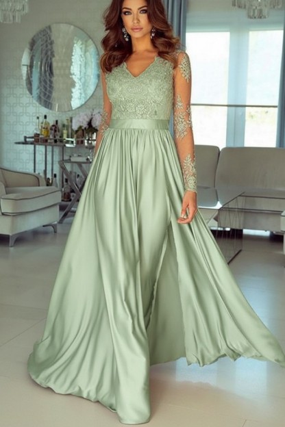 Champagne Abendkleider Lang Mit Ärmel Spitze Abendmoden Günstig