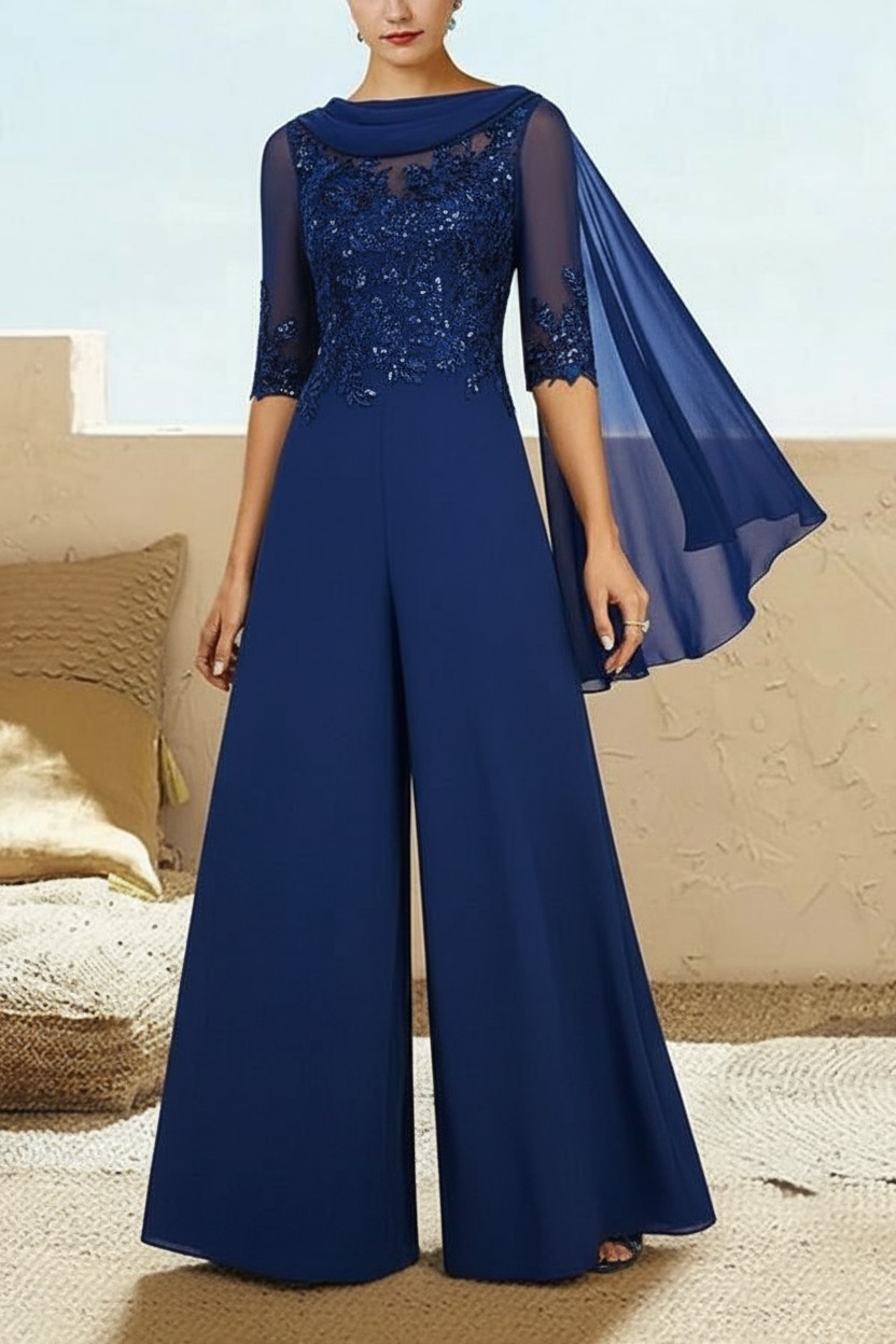 Navy Blau Jumpsuit Hosenanzüge Lang Chiffon Brautmutterkleider mit Ärmel