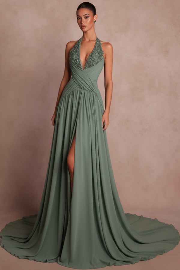 Schlichte Abendkleider Lang V Ausschnitt Chiffon Ballkleider mit Glitzer