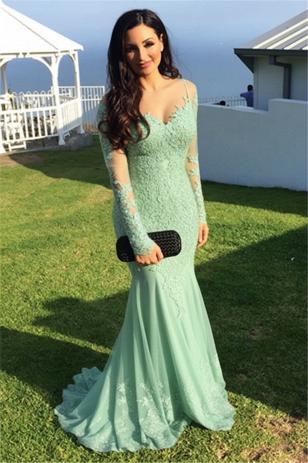 Schwarz Abendkleider Lang Ärmel Spitze Meerjungfrau Abendmoden Partykleider