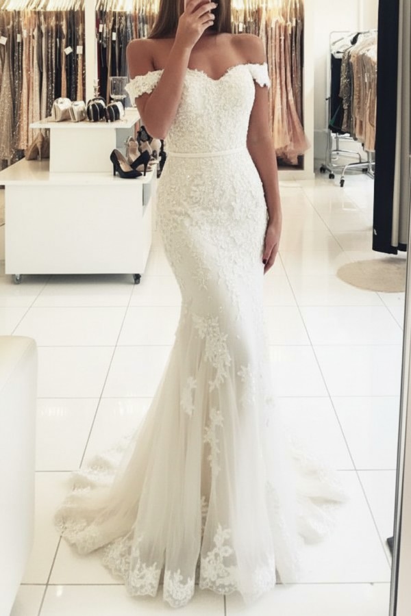 Rot Lange Abendkleider Spitze Perlen Schulterfrei Meerjungfrau Abibllkleider Partykleider BA3809