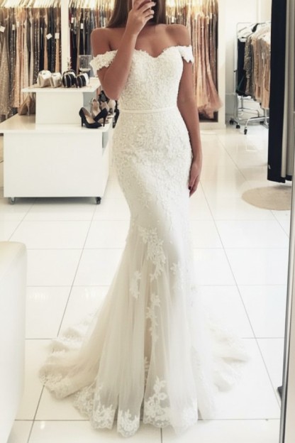 Rot Lange Abendkleider Spitze Perlen Schulterfrei Meerjungfrau Abibllkleider Partykleider BA3809