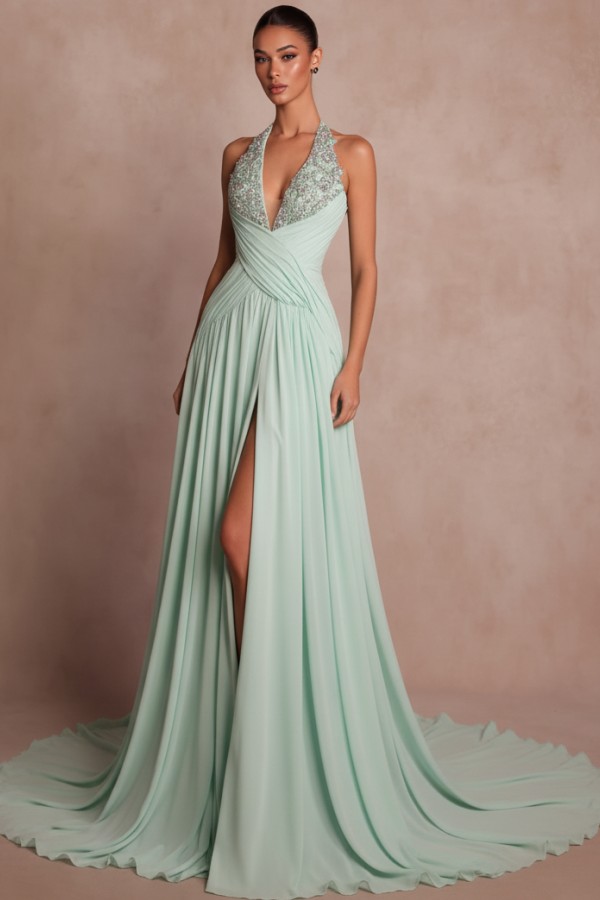 Schlichte Abendkleider Lang V Ausschnitt Chiffon Ballkleider mit Glitzer