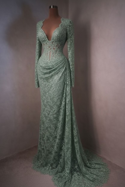 Himmel Blau Abendkleider Lang Spitze Abiballkleider mit Ärmel