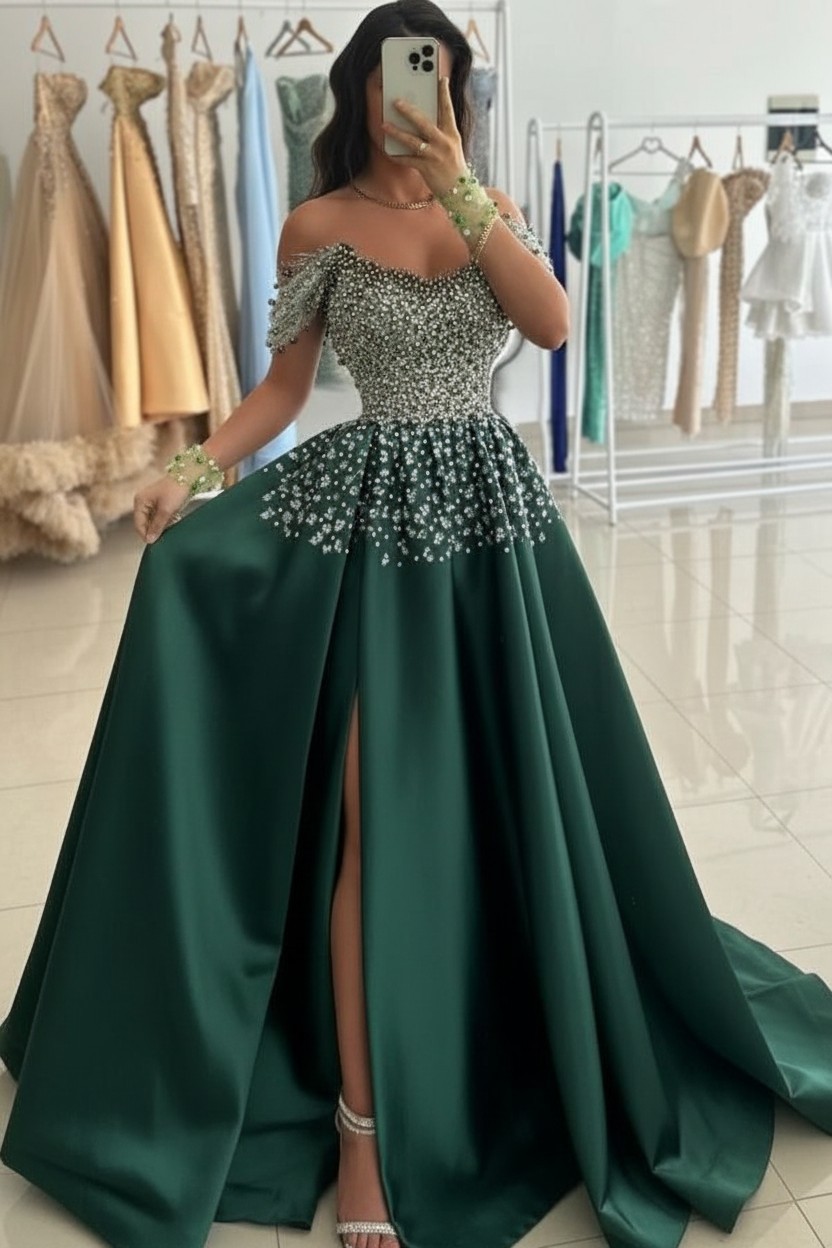 Günstige Abendkleider Lang Grün Ballkleider Abiballkleider mit Glitzer