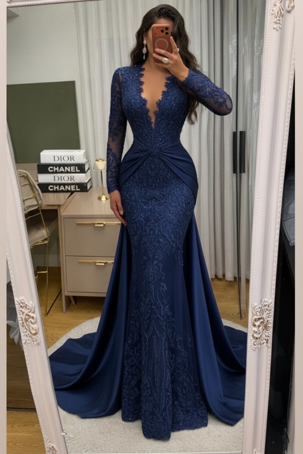 Wunderschöne Abendkleider Lang Spitze Abiballkleider mit Ärmel