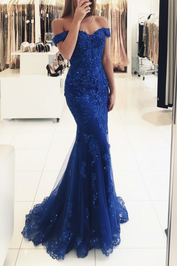 Rot Lange Abendkleider Spitze Perlen Schulterfrei Meerjungfrau Abibllkleider Partykleider BA3809