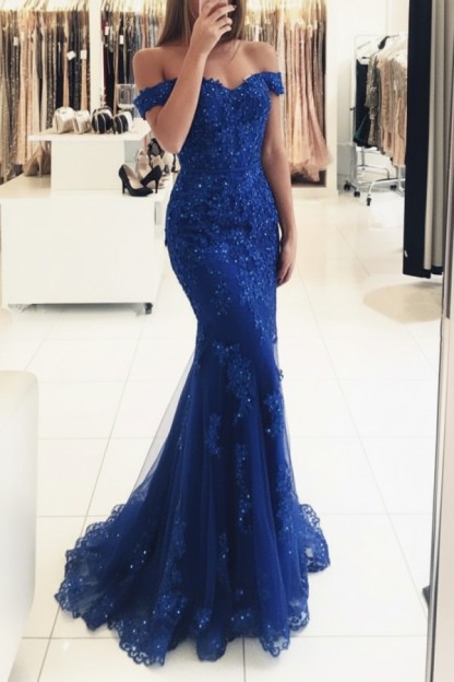 Rot Lange Abendkleider Spitze Perlen Schulterfrei Meerjungfrau Abibllkleider Partykleider BA3809