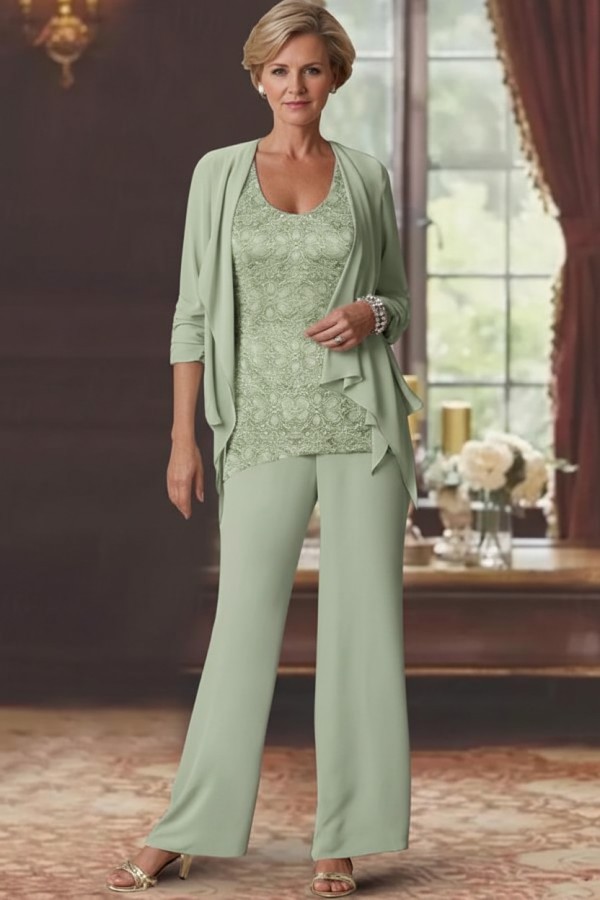 Silber Brautmutter Hosenanzug Chiffon Brautmutterkleider mit Spitze-babyonlinedressde