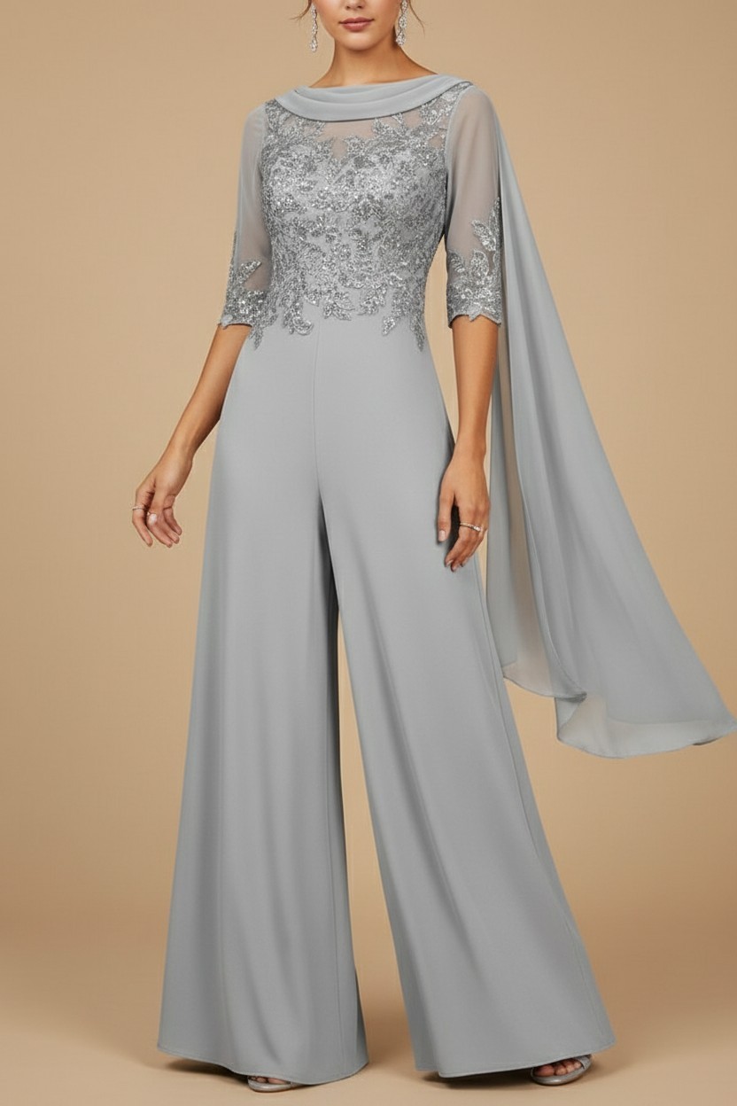 Navy Blau Jumpsuit Hosenanzüge Lang Chiffon Brautmutterkleider mit Ärmel-babyonlinedressde