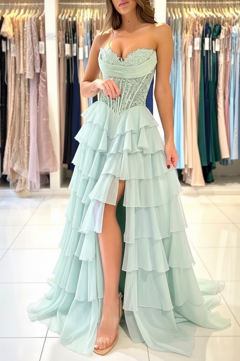 Elegante Abendkleider Lang Blau Ballkleider Mit Spitze