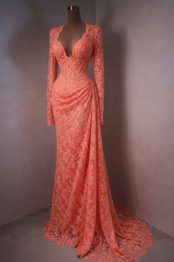 Himmel Blau Abendkleider Lang Spitze Abiballkleider mit Ärmel