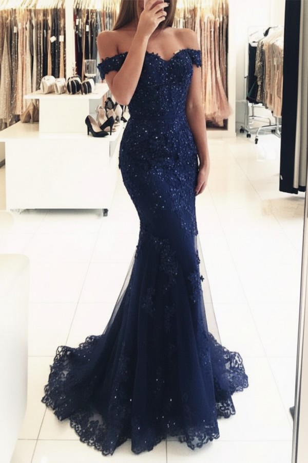 Rot Lange Abendkleider Spitze Perlen Schulterfrei Meerjungfrau Abibllkleider Partykleider BA3809