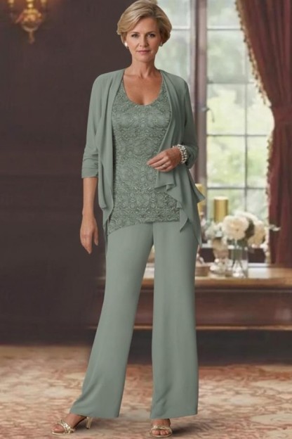 Silber Brautmutter Hosenanzug Chiffon Brautmutterkleider mit Spitze