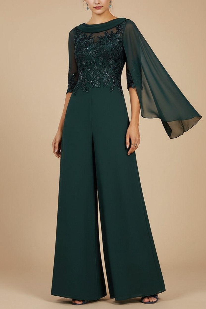 Navy Blau Jumpsuit Hosenanzüge Lang Chiffon Brautmutterkleider mit Ärmel