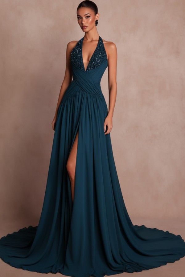 Schlichte Abendkleider Lang V Ausschnitt Chiffon Ballkleider mit Glitzer