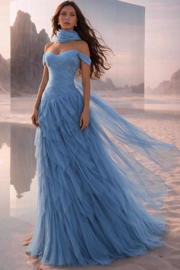  Tintenblau Abendkleider Lang Tüll Ballkleider Abiballkleider Online