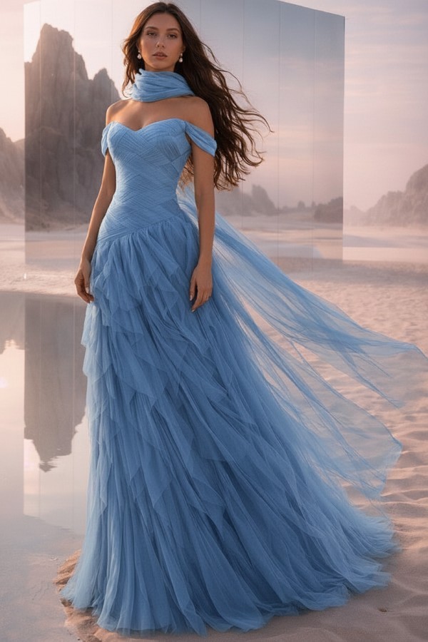  Tintenblau Abendkleider Lang Tüll Ballkleider Abiballkleider Online