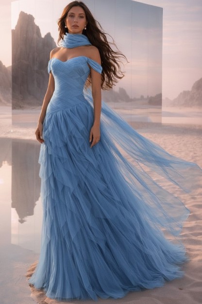  Tintenblau Abendkleider Lang Tüll Ballkleider Abiballkleider Online