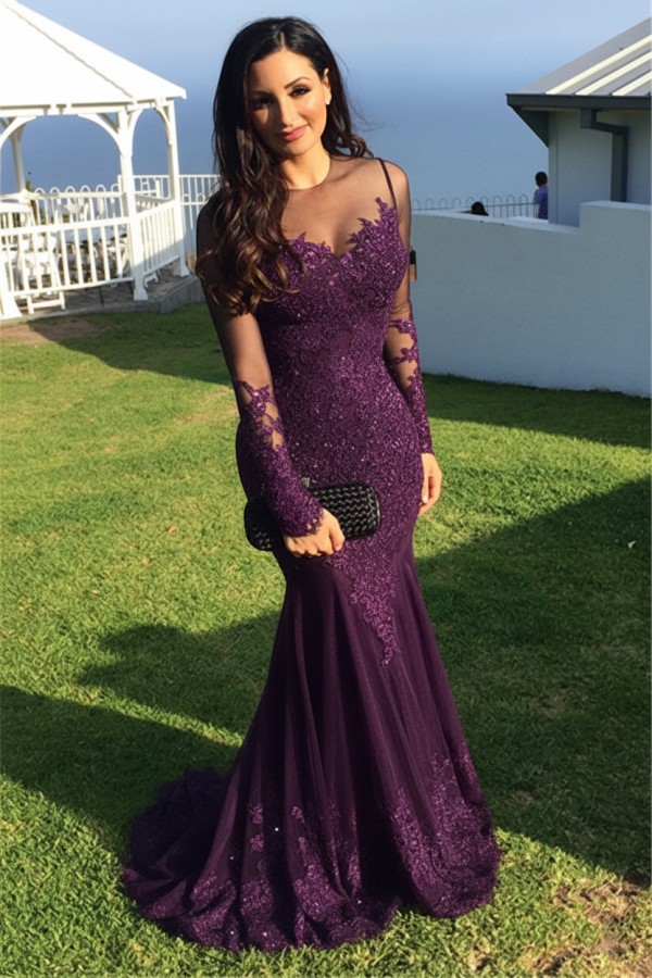 Schwarz Abendkleider Lang Ärmel Spitze Meerjungfrau Abendmoden Partykleider