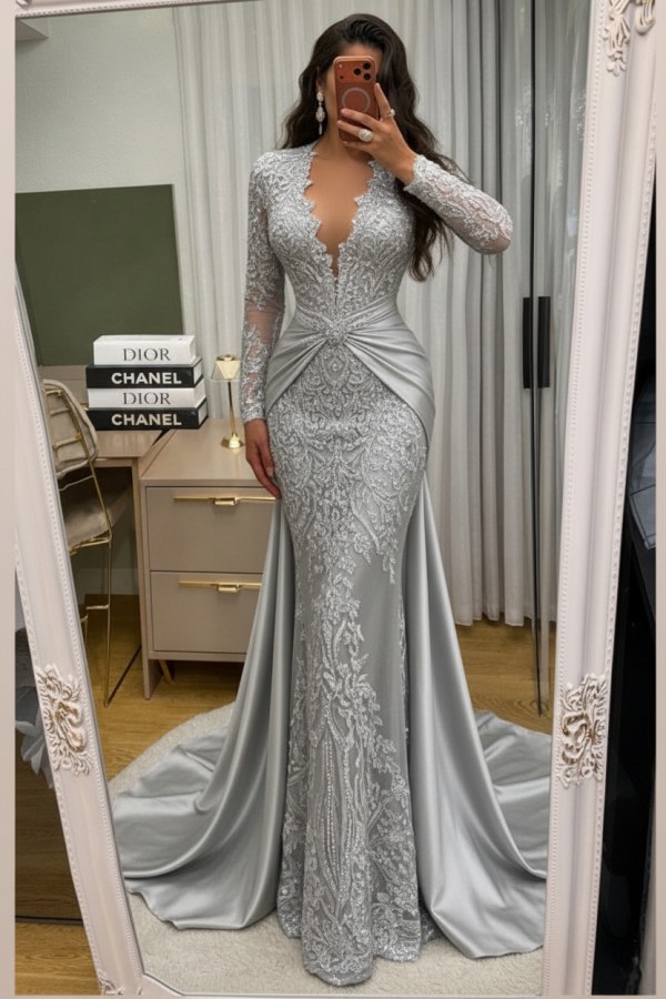 Wunderschöne Abendkleider Lang Spitze Abiballkleider mit Ärmel