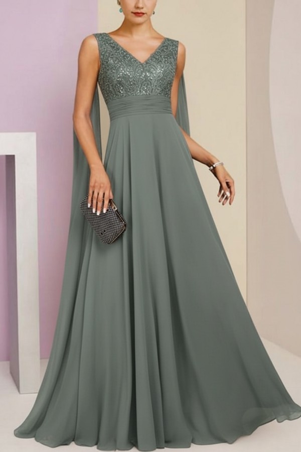 Brautmutterkleid Lang Blau Kleider für Brautmutter mit Ärmel